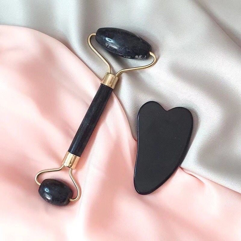 Rolo de Jade + Gua Sha Facial | Kit Massageador Anti-Idade para Lifting, Redução de Inchaço e Linhas